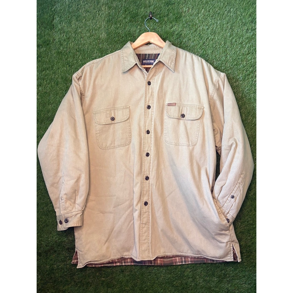 Vintage Wolverine Men XL Tan Flannel Lined Canvas Shirt Jacket Workwear Plaid